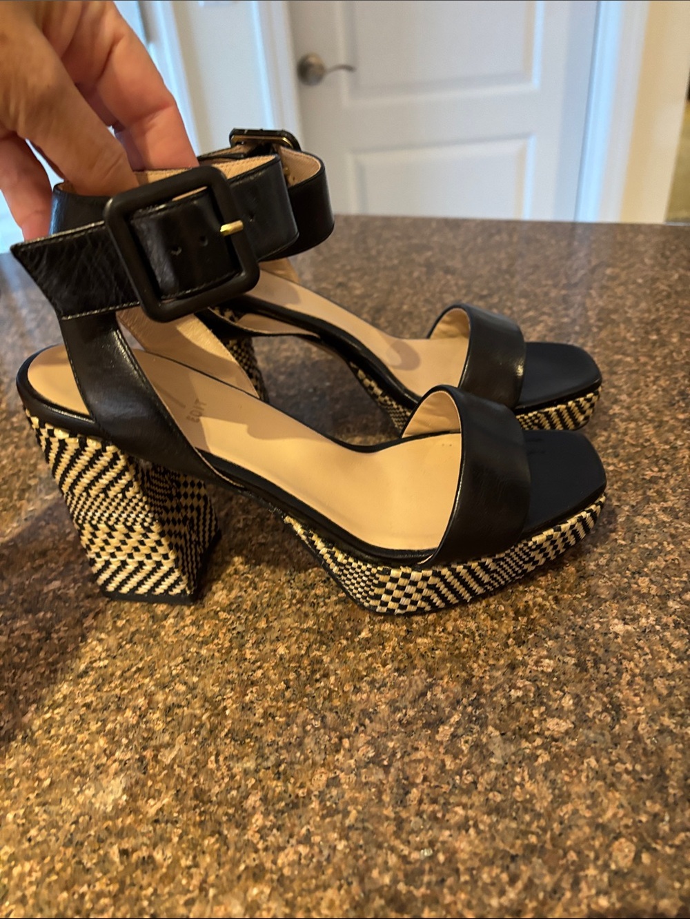 27 EDIT Ladies Black Leather Jaselle Platform Sandals Woven Check Heel-6.5